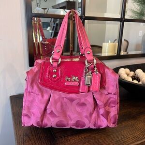 Coach Madison Satchel in hot pink from the Signature Op Art collection.